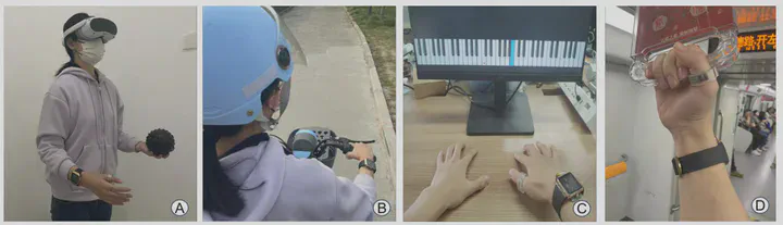 Wrist2Finger supports force-aware interactions in VR, cycling, virtual piano playing, and subway travel.