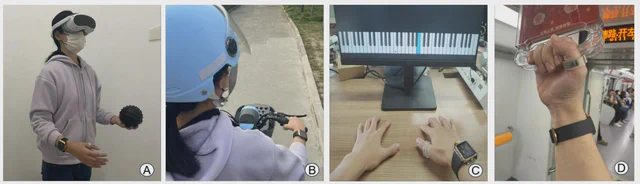 Wrist2Finger supports force-aware interactions in VR, cycling, virtual piano playing, and subway travel.