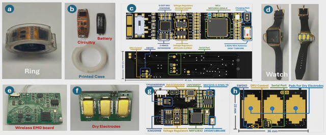 Wrist2Finger ring and watch prototypes with their sensing electronics from Figure 4.