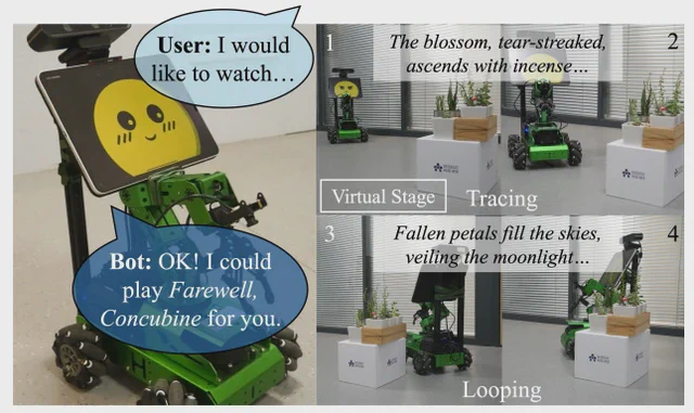 A mobile companion robot performs a narrative through facial expressions and movement around a virtual stage.
